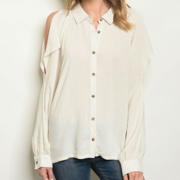MUSTARD COLD SHOULDER BUTTON DOWN TOP - Picture 4 of 4